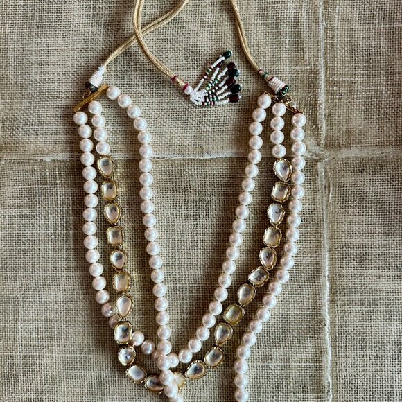 Triple-Strand Pearl and Kundan Necklace - Picture 2 of 4
